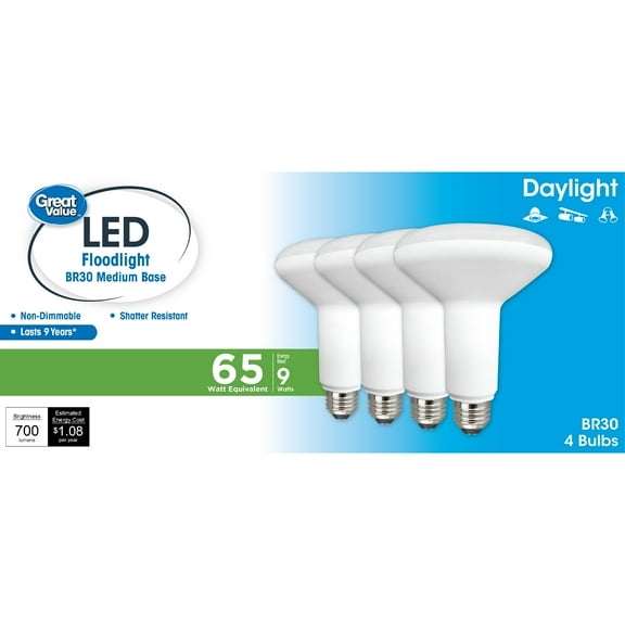 Great Value LED Light Bulb, 9 Watts (65W Equivalent) BR30 Floodlight Lamp E26 Medium Base, Non-dimmable, Daylight, 4-Pack