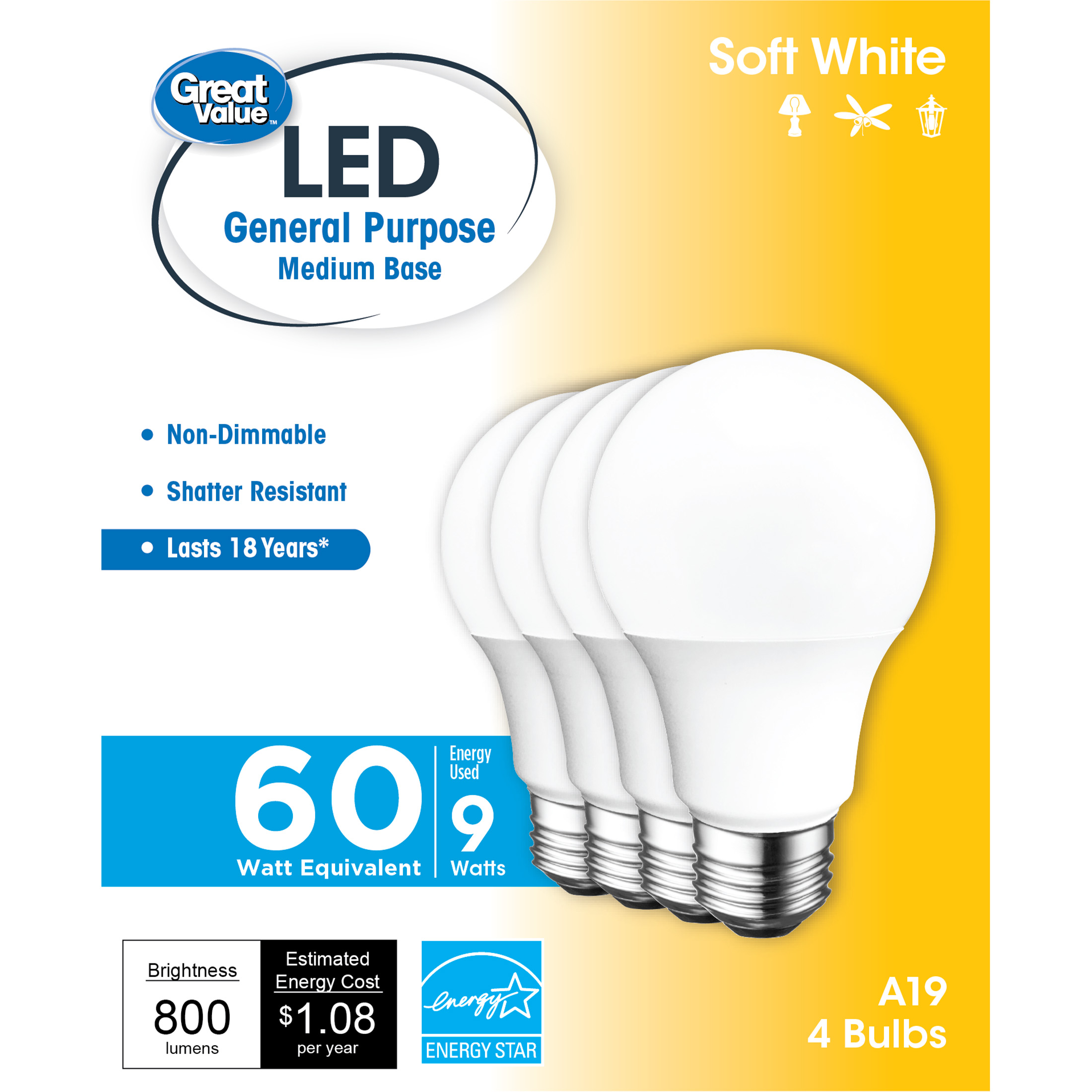 Great Value LED Light Bulb, 9W (60W Equivalent) 18Y, A19 General Purpose Lamp E26 Medium Base, Non-dimmable, Soft White, 4-Pack - image 1 of 8