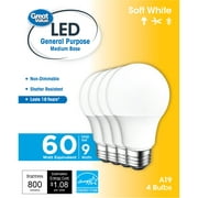 Great Value LED Light Bulb, 9W (60W Equivalent) 18Y, A19 General Purpose Lamp E26 Medium Base, Non-dimmable, Soft White, 4-Pack