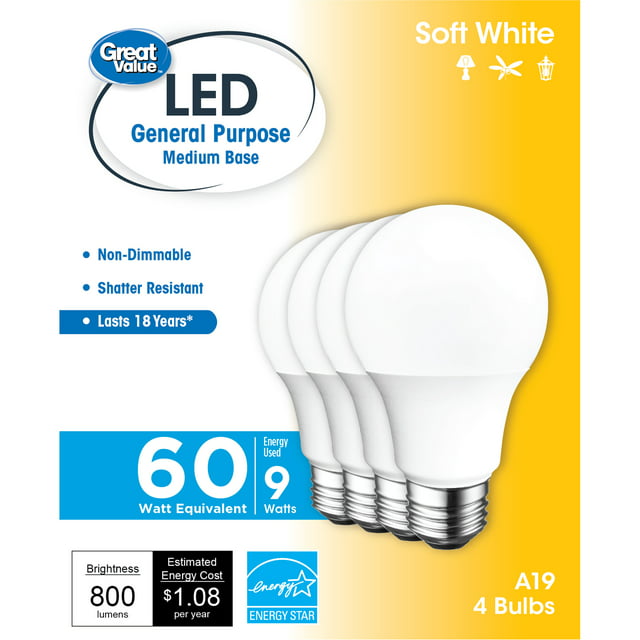 Great Value LED Light Bulb, 9W (60W Equivalent) 18Y, A19 General Purpose Lamp E26 Medium Base, Non-dimmable, Soft White, 4-Pack