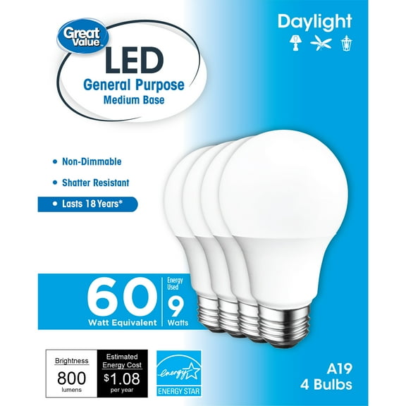 Great Value LED Light Bulb, 9W (60W Equivalent) A19 General Purpose Lamp E26 Medium Base, Non-dimmable, Daylight, 4-Pack