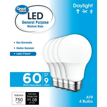 Great Value LED Light Bulb, 9W (60W Equivalent) A19 General Purpose Lamp E26 Medium Base, Non-dimmable, Daylight, 4-Pack