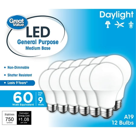 Great Value LED Light Bulb, 9W (60W Equivalent) A19 General Purpose Lamp E26 Medium Base, Non-dimmable, Daylight, 9yr, 12-Pack