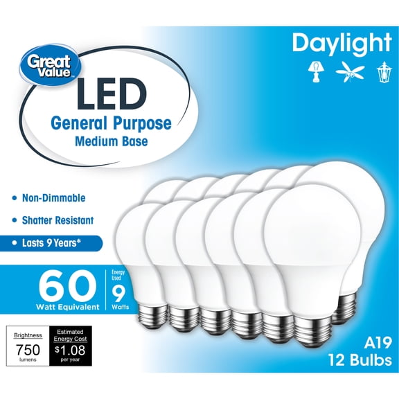 Great Value LED Light Bulb, 9W, 60W Equivalent, A19 General Purpose Lamp, E26 Medium Base, Non-Dimmable, Daylight, 12-Pack