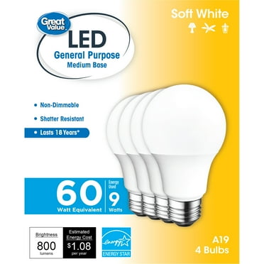 Great Value LED Light Bulb, 9W (60W Equivalent) A19 General Purpose Lamp E26 Medium Base, Non-dimmable, Soft White, 4-Pack