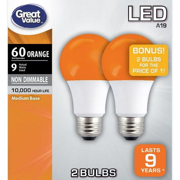 Great Value LED Light Bulb, 9W (60W Equivalent) A19 Lamp E26 Medium Base, Non-Dimmable, Orange, 2-Pack
