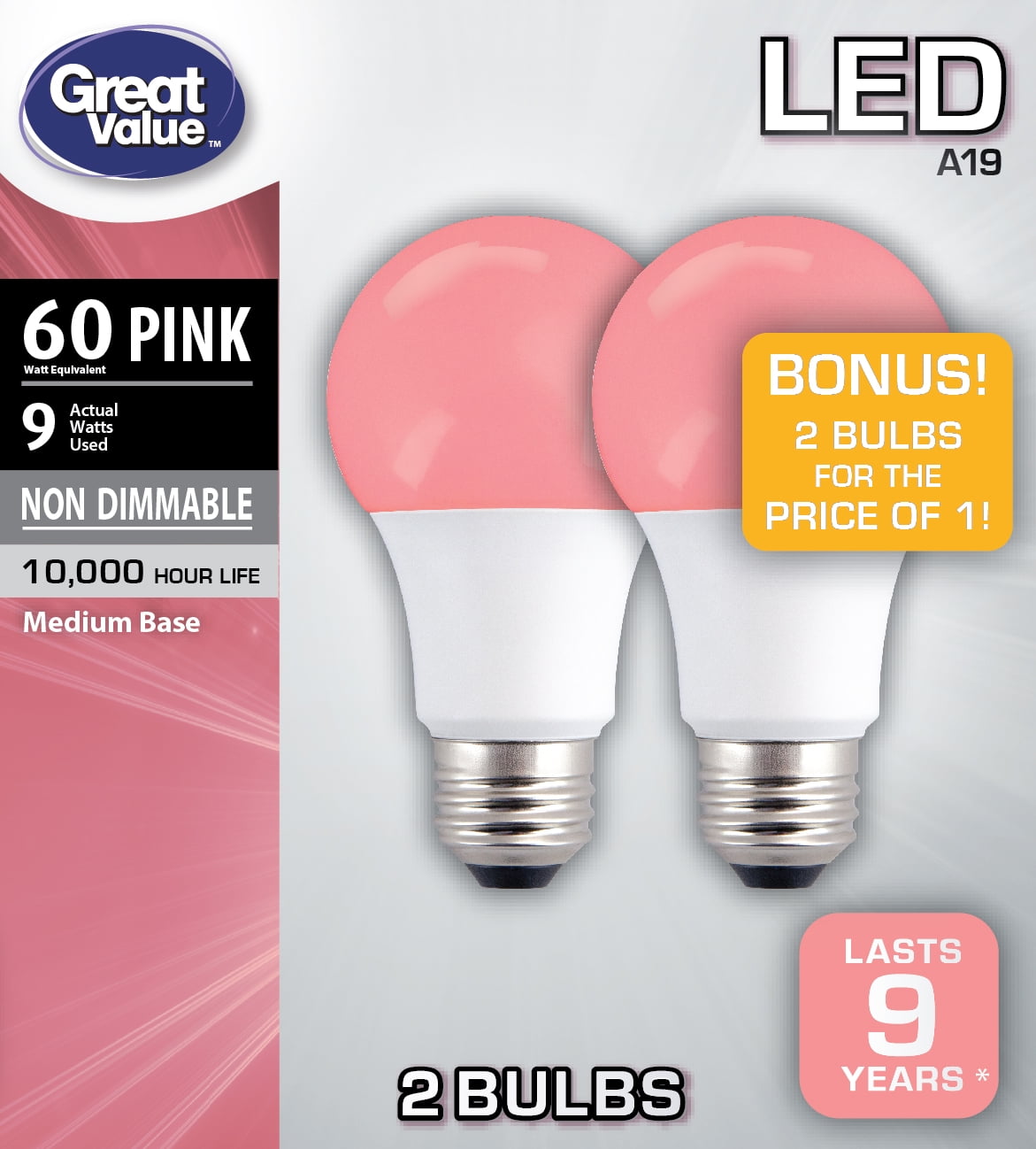 Great Value LED Light Bulb, 9W (60W Equivalent) A19 Lamp E26 Medium Base, Non-Dimmable, Pink, 2-Pack