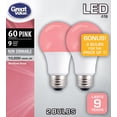 thumbnail image 1 of Great Value LED Light Bulb, 9W (60W Equivalent) A19 Lamp E26 Medium Base, Non-Dimmable, Pink, 2-Pack, 1 of 3