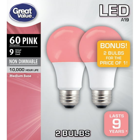 Great Value LED Light Bulb, 9W (60W Equivalent) A19 Lamp E26 Medium Base, Non-Dimmable, Pink, 2-Pack
