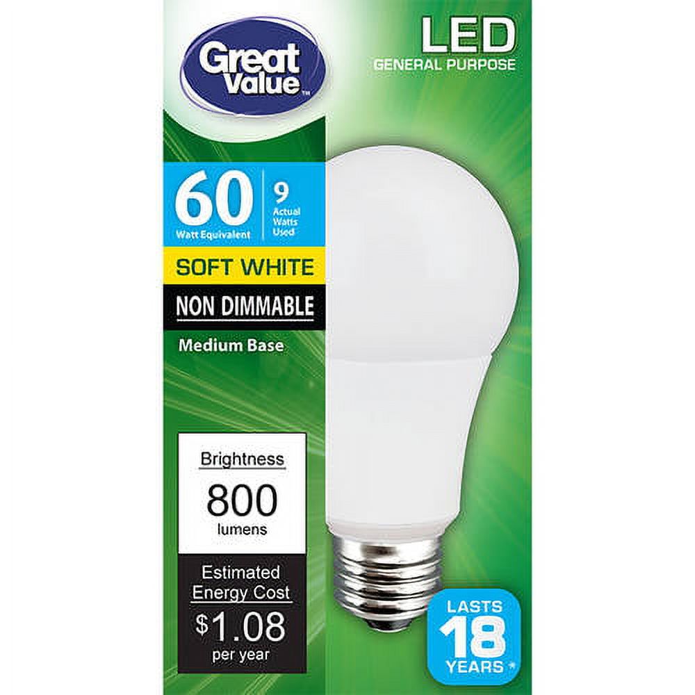 Great Value LED Light Bulb, 9W (60W Equivalent) A19 Lamp E26 Medium Base, Non-Dimmable, Soft White - image 1 of 5