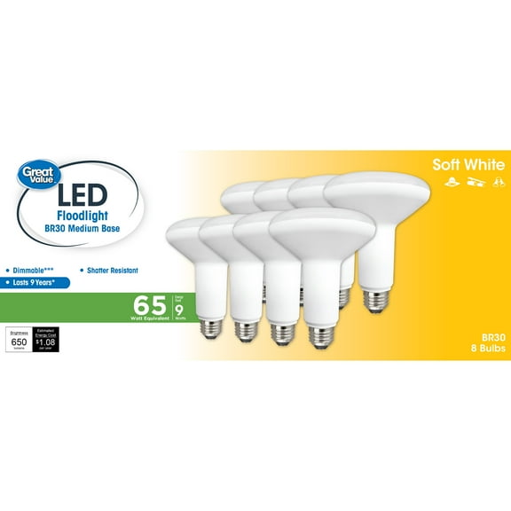 Great Value LED Light Bulb, 9W (65W Equivalent) BR30 Floodlight Lamp E26 Medium Base, Dimmable, Soft White, 8-Pack