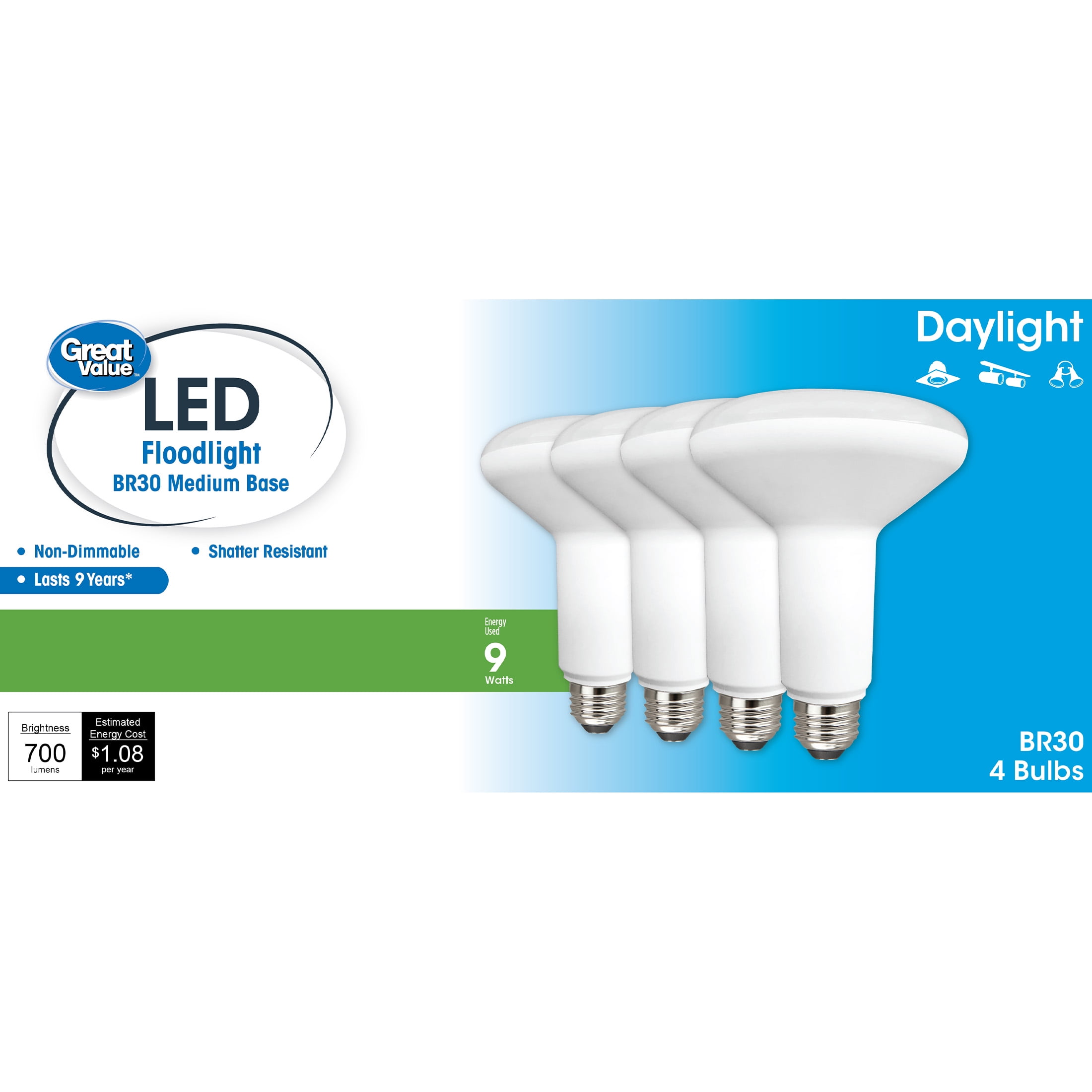 Great Value LED Light Bulb, 9W (65W Equivalent) BR30 Floodlight Lamp E26 Medium Base, Non-dimmable, Daylight, 4-Pack