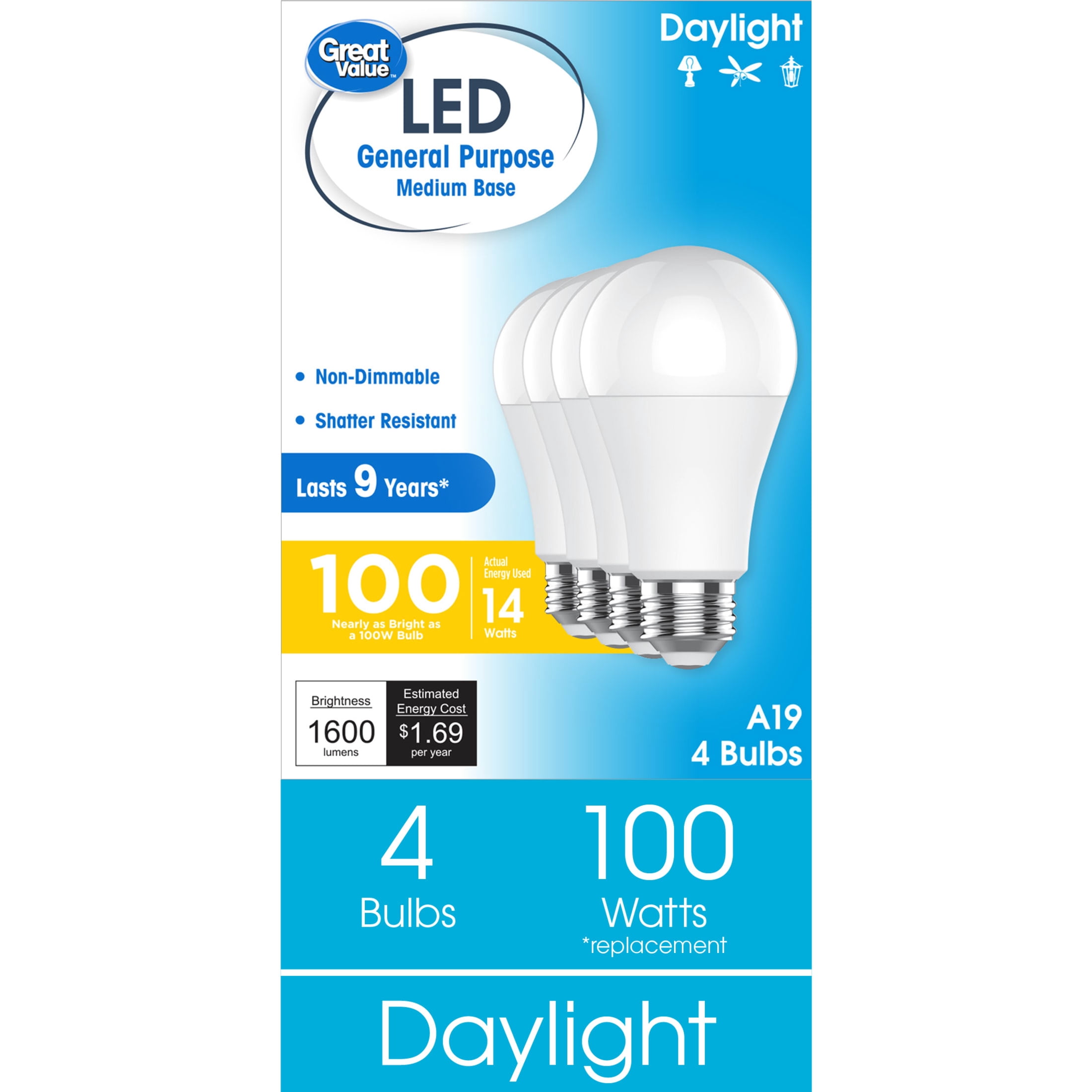 Great Value LED Light Bulb, Daylight, 100 Watt Eqv, A19 General Purpose, E26 Medium Base, 9yr, 4 Pack