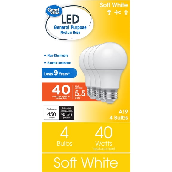 Great Value LED Light Bulb, Soft White, 40 Watt Eqv, A19 General Purpose, E26 Medium Base, 9yr, 4 Pack