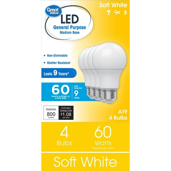 Great Value LED Light Bulb, Soft White, 60 Watt Eqv, A19 General Purpose, E26 Medium Base, 9yr, 4 Pack