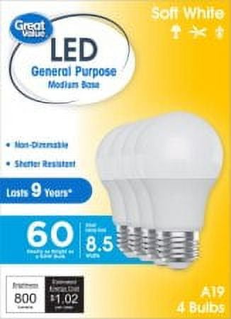 Great Value LED Light Bulb, Soft White, 60 Watt Eqv, A19 General Purpose, E26 Medium Base, 9yr, 4 pack