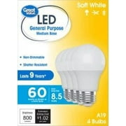 Great Value LED Light Bulb, Soft White, 60 Watt Eqv, A19 General Purpose, E26 Medium Base, 9yr, 4pk
