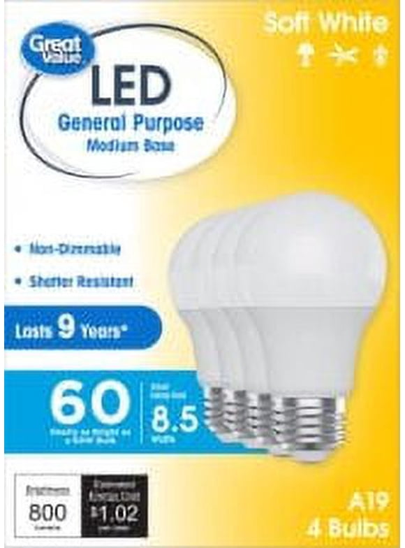 Great Value LED Light Bulb, Soft White, 60 Watt Eqv, A19 General Purpose, E26 Medium Base, 9yr, 4pk