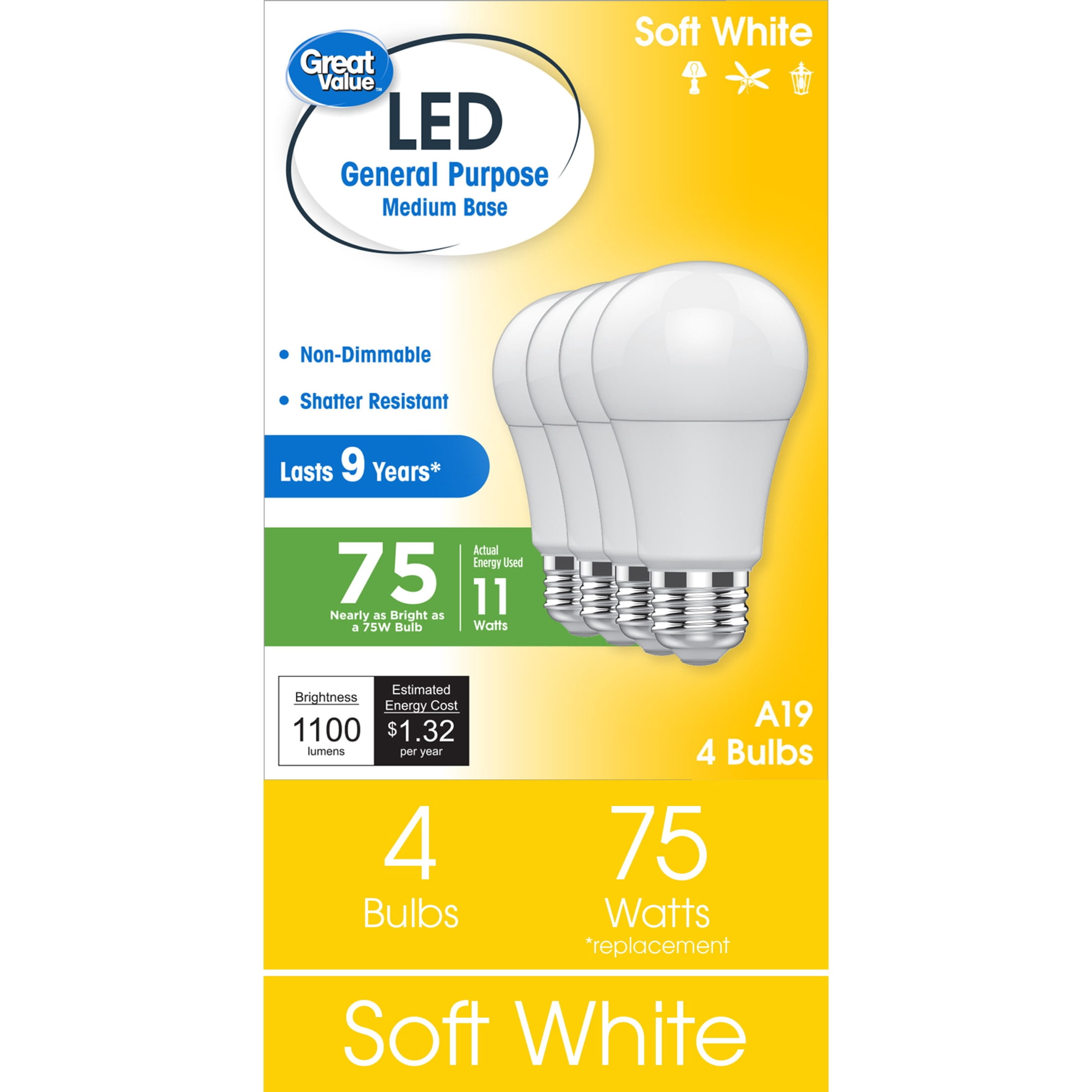 Great Value LED Light Bulb, Soft White, 75 Watt Eqv, A19 General Purpose, E26 Medium Base, 9yr, 4 Pack