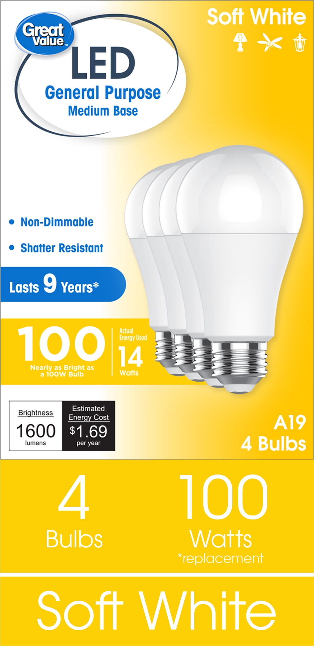 Great Value LED Light Bulbs, 100 Watt Equivalent, Soft White, A19 General Purpose, 9 Year, 4 Pack