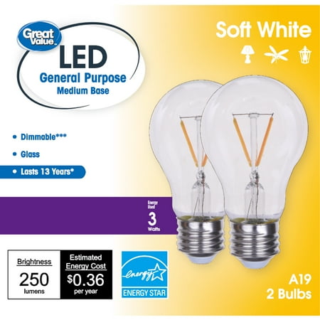 Great Value LED Light Bulbs, 3-Watt (25W Equiv.) A19 General Purpose Bulb Dimmable E26 Base Soft White 2PK