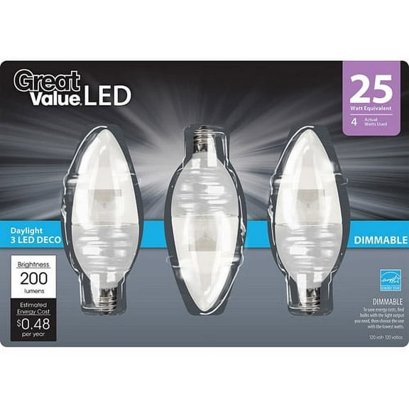 Great Value LED 10W (60W Equivalent) Deco Light Bulbs, Dimmable (3 Pack)
