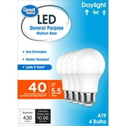 Great Value LED Light Bulbs, 40 Watts Eqv, Daylight, A19 General Purpose Light Bulbs, 5yr, 4pk