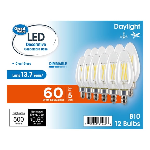 Great Value LED Light Bulbs, 5W, 60W Equivalent, B10 Decorative Lamp, E12 Candelabra Base, Dimmable, Daylight, 13 Year, 12 Pack