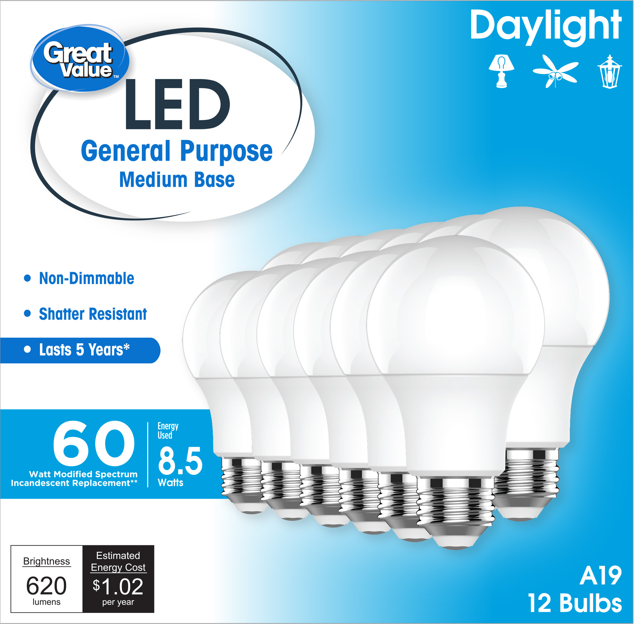 Great Value LED Light Bulbs, 60 Watts Eqv, Daylight, A19 General Purpose Light Bulbs, 5yr, 12pk - image 1 of 9