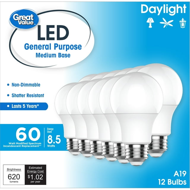 Great Value LED Light Bulbs, 60 Watts Eqv, Daylight, A19 General Purpose Light Bulbs, 5yr, 12pk