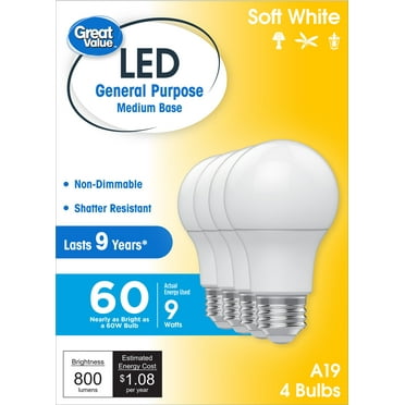 Great Value LED Light Bulbs, 60 Watts Eqv, Soft White, A19 General Purpose Light Bulbs, 9yr, 4pk