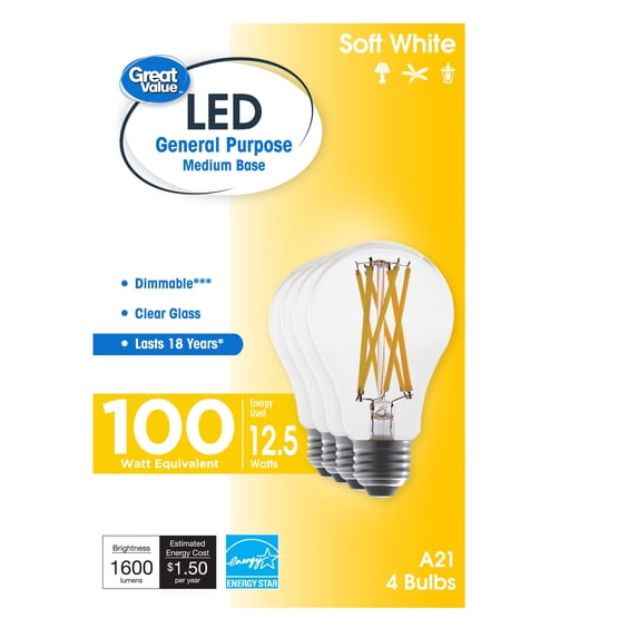 Great Value LED Light Bulbs A21 18-Year Dimmable Soft White 1600 Lumens ...
