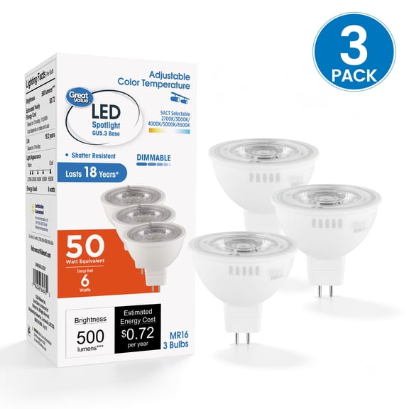 Great Value LED MR16 Indoor Spot Light Bulb, 6-Watts (50W Equiv) 5ACT, Dimmable GU5.3 Base (3 Pack)