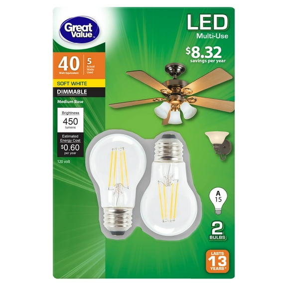 Great Value LED Multi-Use A15 5 Watts Soft White Medium Base Bulbs, 2 count