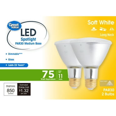Great Value LED PAR30 11Watts (75W Equiv) Soft White Indoor Light Bulb, Dimmable E26 Base (2 Pack)
