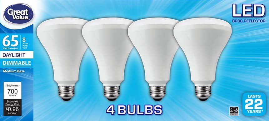 Great Value LED Light Bulb, 8W (65W Equivalent) BR30 Reflector Lamp E26 Medium Base, Dimmable, Daylight, 4-Pack