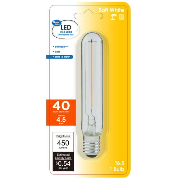 Great Value LED T6.5 Tubular Bulb, 4.5-Watt (40W Equivalent) E17 Base Dimmable Soft White (1 Pack)