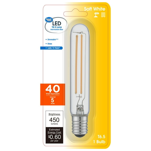Great Value LED T6.5 Tubular Bulb, 5-Watt (40W Equivalent) Dimmable Soft White E17 Base, 1 Pack