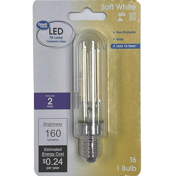 Great Value LED T6 Tubular Bulb, 2-Watt (15W Equivalent) E12 Base Non-Dimmable Soft White (1 Pack)