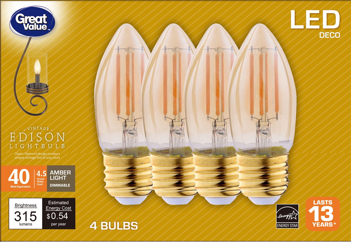 Great Value LED Vintage Edison Decorative Candelabra Bulbs, 4.5W, Amber