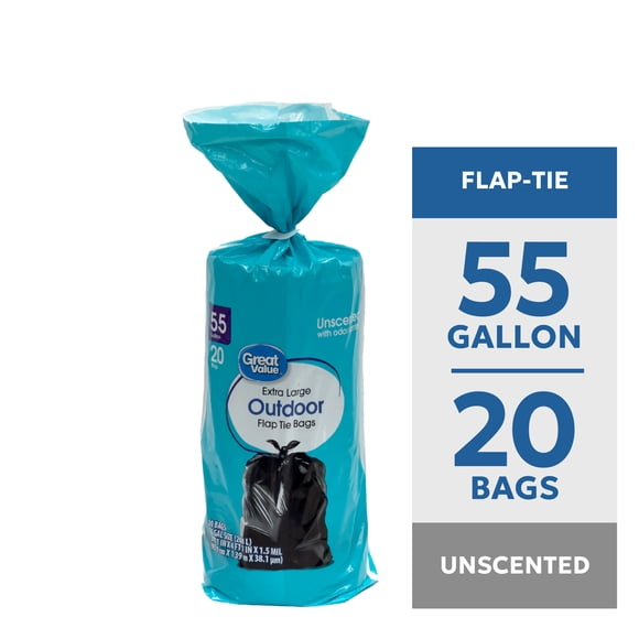 Great Value 55 Gallon Extra Large Outdoor Flap Tie Bags, 20 Bags