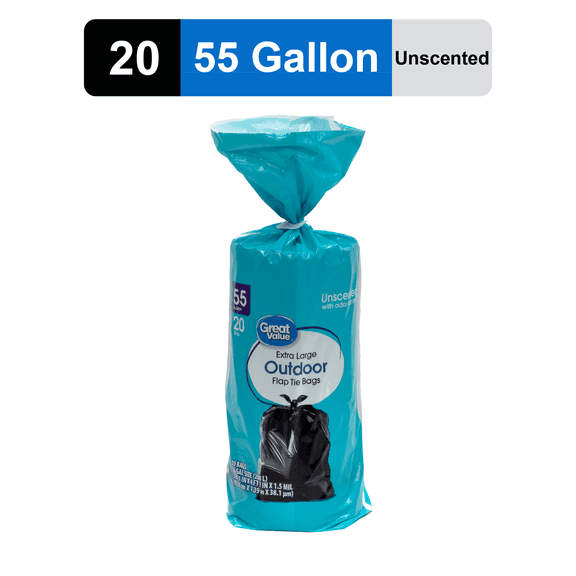 Great Value 55 Gallon Extra Large Outdoor Flap Tie Bags, 20 Bags