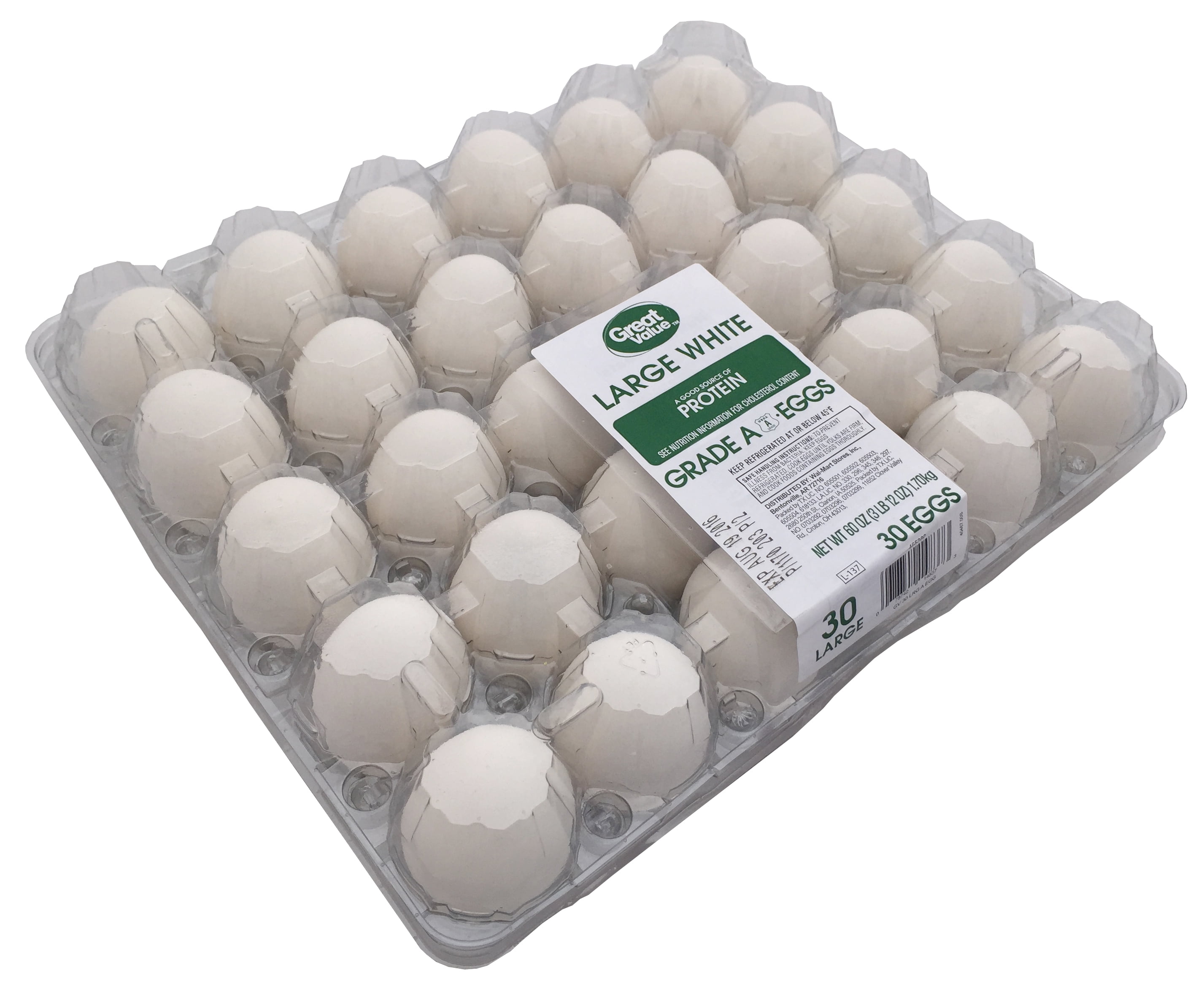 Great Value Large White Eggs, 30 Count