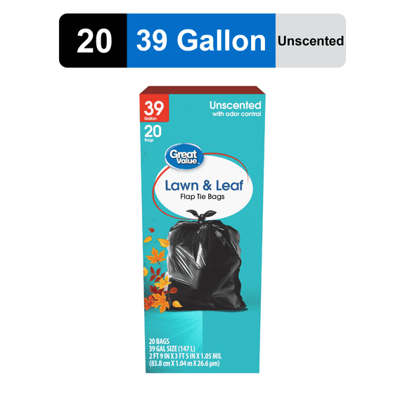 Great Value 39 Gallon Lawn & Leaf Flap Tie Bags, 20 Bags