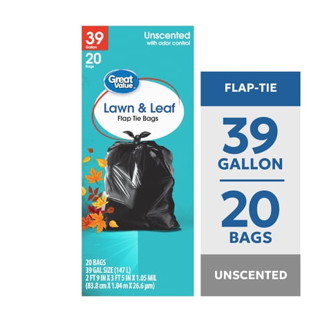 Great Value 39 Gallon Lawn & Leaf Flap Tie Bags, 20 Bags