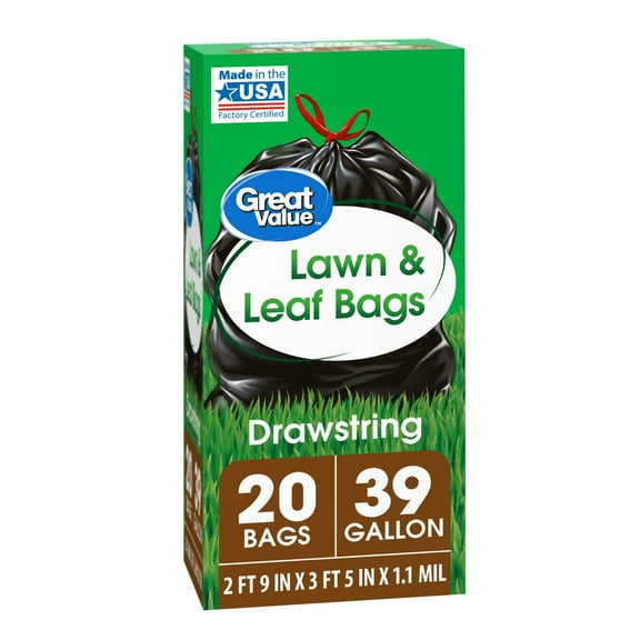 Great Value 39 Gallon Lawn & Leaf Drawstring Trash Bags, 20 Count