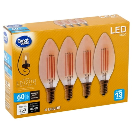 Great Value Led 4 Watts Edison Deco Amber Light Candelabra Base Bulbs, 4 Count