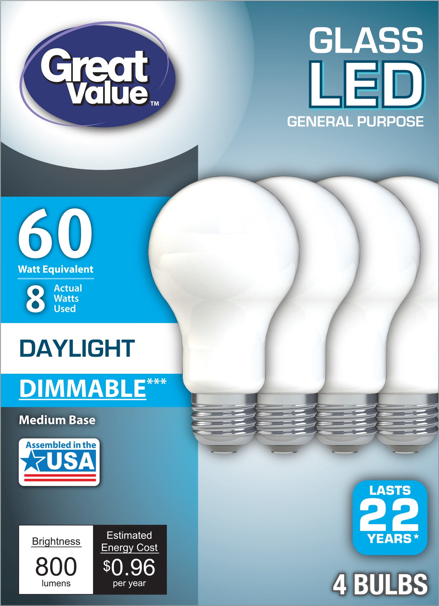Great Value Led 8W (60W Equivalent) Daylight Color Frosted Light Bulbs, E26 Medium Base, Dimmable, 22 Year Life, 4pk