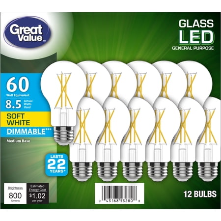 Great Value Led 8W (60W Equivalent) Soft White Color, Clear Light Bulbs, Medium Base, Dimmable, 12pk