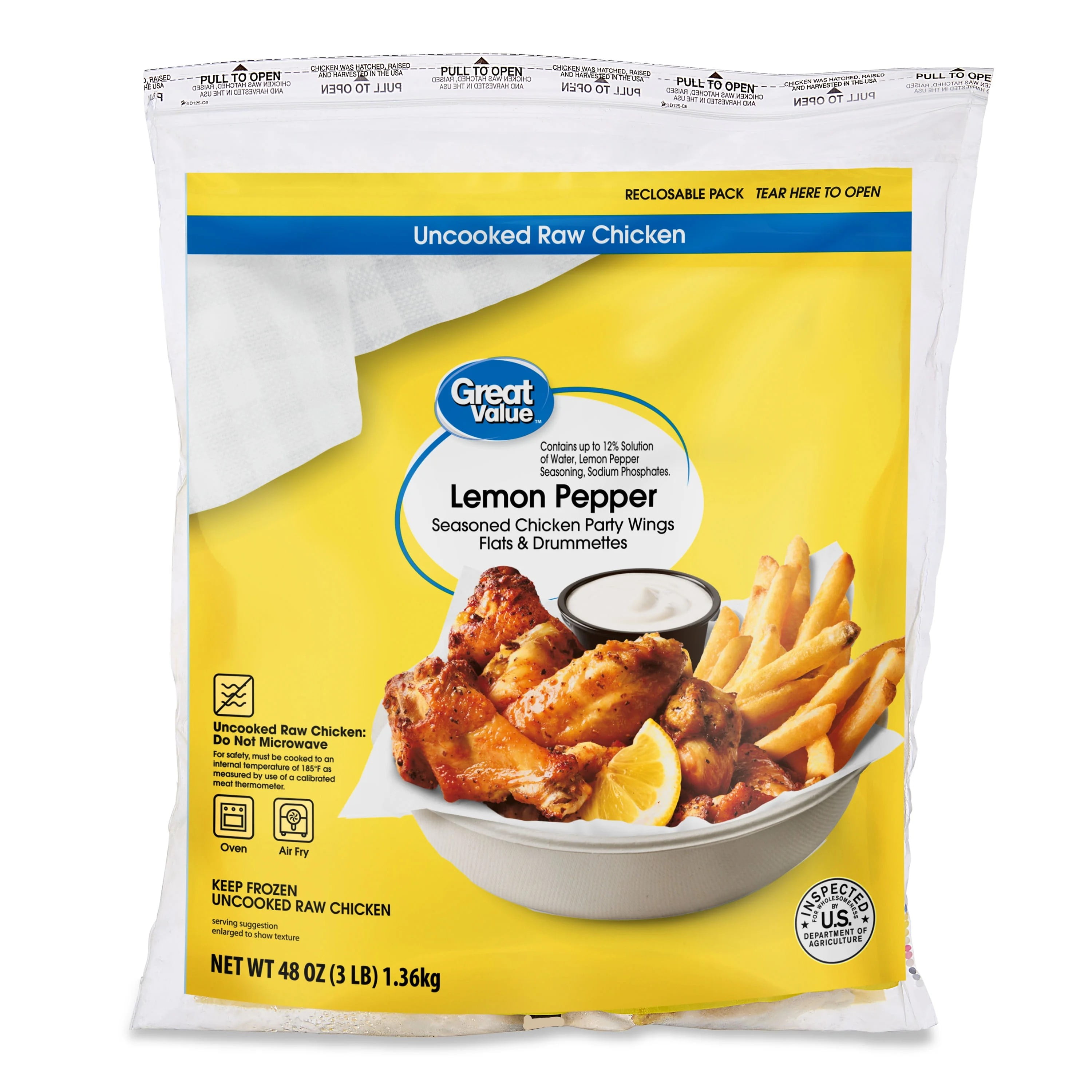Great Value Lemon Pepper Seasoned Chicken Party Wings, 3lb (Frozen)